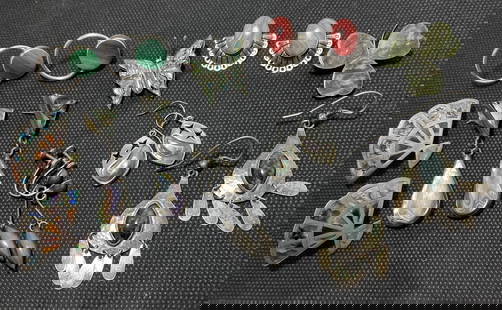 52 GRAM STERLING EARRING PIN BROOCH LOT OF 9: PINK STONE MARKED QT, 3 LEAF GREEN ONYX CLOVER PIN MARKED SILVER, ABALONE DANGLE MARKED MEXICO IDM, ABALONE FAN MARKED H MEXICO, ABALONE BUTTERFLY PIN BROOCH MARKED ECC 112 MEXICO. MALACHITE.