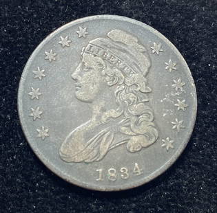 1834 CAPPED BUST LIBERTY SILVER US HALF DOLLAR: GENUINE USA SILVER HALF DOLLAR FROM 1834. POSSIBLY XF. USA SHIPPING $5. NO INTERNATIONAL SHIPPING OUTSIDE THE USA.