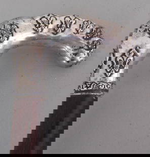 ANTIQUE STERLING SILVER FLEUR DE LIS CANE STICK: ANTIQUE WALKING STICK 34 INCH LONG MARKED "STERLING" HANDLE. ON 3/4 INCH WOODSHAFT. 4" BY 2 1/2" KNOB. USA SHIPPING $5. NO INTERNATIONAL SHIPPING OUTSIDE THE USA.