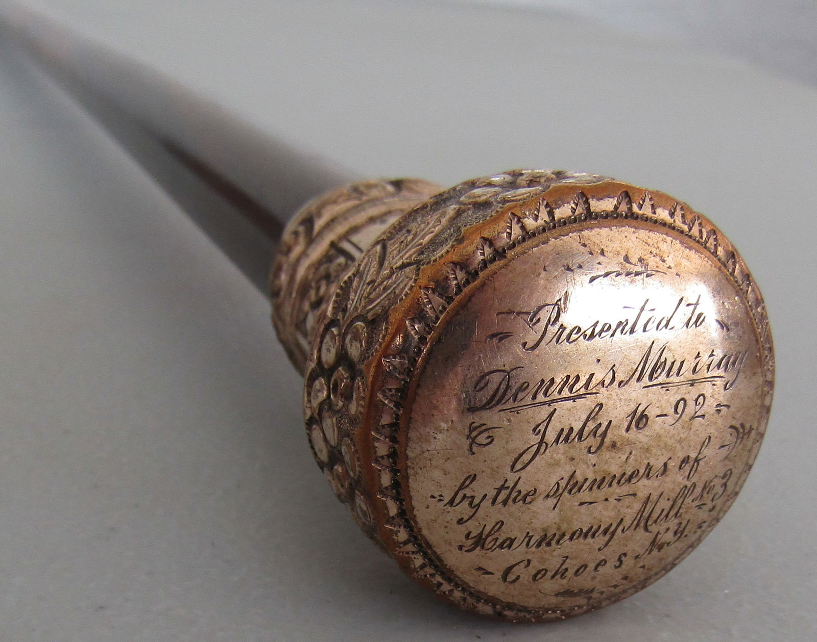 1892 HARMONY MILLS NY GOLD PRESENTATION CANE (1 of 4)