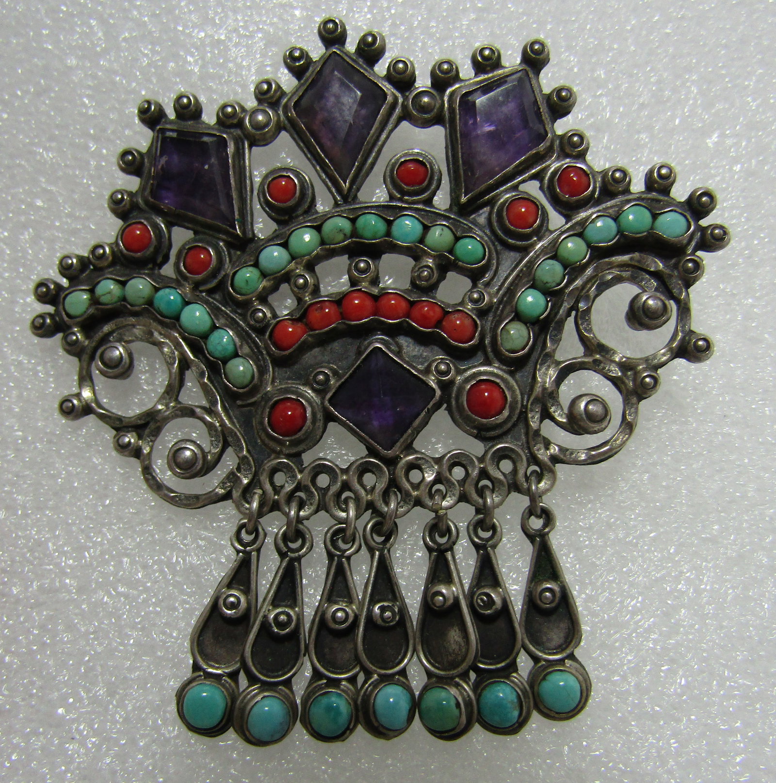 "JGD" TAXCO AMETHYST TURQUOISE CORAL PIN STERLING (1 of 5)