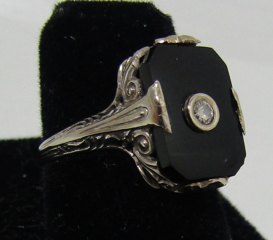 14K GOLD DIAMOND ONYX RING ANTIQUE FILIGREE C1920 (1 of 5)