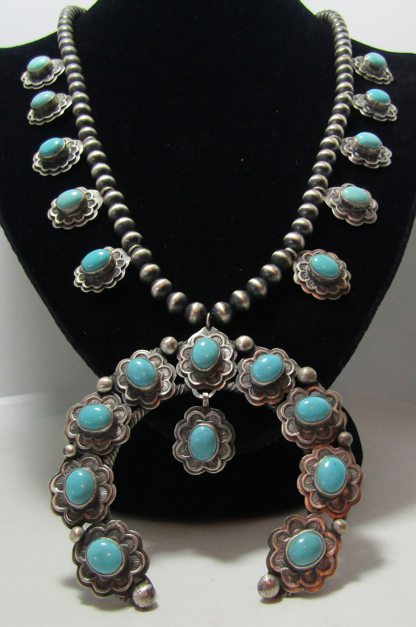 CLARK TURQUOISE SQUASH BLOSSOM NECKLACE STERLING (1 of 4)