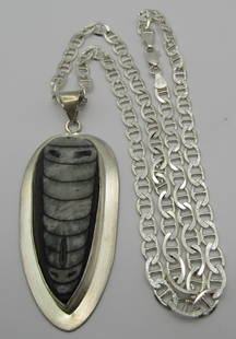 3" KUBER ORTHOCERAS FOSSIL NECKLACE STERLING SILVE: KUBER ORTHOCERAS VINTAGE ESTATE STERLING SILVER LINK CHAIN MEASURES 21 INCHES LONG PLUS A 3" LONG FOSSIL PENDANT. WEIGHS 46.8 GRAMS. EXCELLENT USED CONDITION. USA SHIPPING $5. NO INTERNATIONAL SHIPPIN