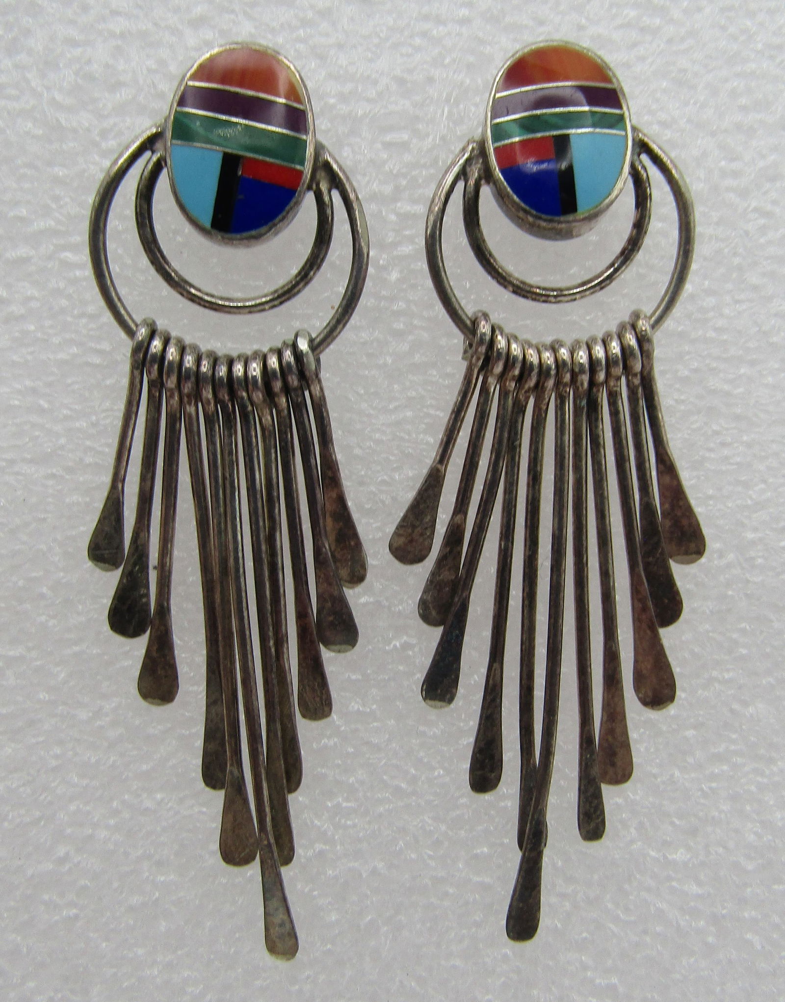 INLAY WATERFALL EARRINGS STERLING SILVER: MULTIGEM INLAID DANGLE DESIGN WITH TURQUOISE,LAPIS, SPINY OYSTER SHELL, CORAL AND OTHERS VINTAGE ESTATE NATIVE AMERICAN SOUTHWEST INDIAN JEWELRY. MEASURE 1.25 INCH BY 3/4" WIDE. WEIGH 10.0 GRAMS. EXCE