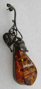 FOSSILIZED BALTIC AMBER PIN STERLING SILVER BROOCH: VINTAGE ESTATE BALTIC AMBER PIN MEASURES 2 3/4 INCHES BY 3/4" WIDE. WEIGHS 11.4 GRAMS. EXCELLENT USED CONDITION. USA SHIPPING $5. NO INTERNATIONAL SHIPPING.