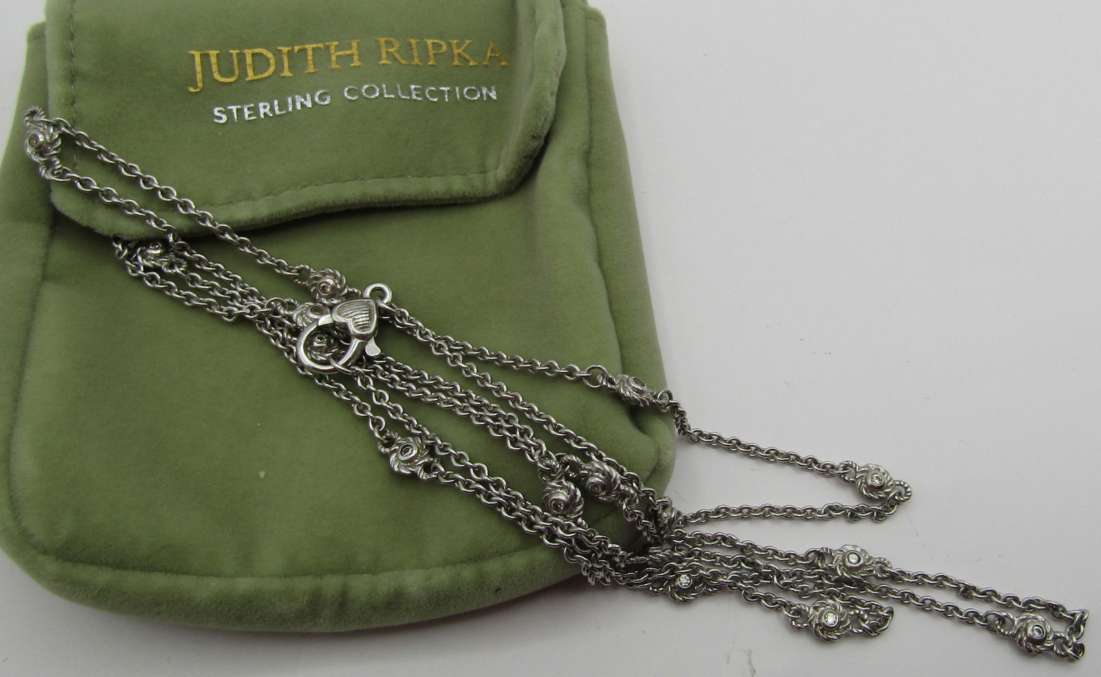 JUDITH RIPKA 36" NECKLACE STERLING SILVER IN POUCH: AUTHENTIC SIGNED "JUDITH RIPKA 925": MEASURES 36 INCHES LONG. WEIGH 17.9 GRAMS. EXCELLENT CONDITION IN RIPKA POUCH. USA SHIPPING $5. NO INTERNATIONAL SHIPPING.