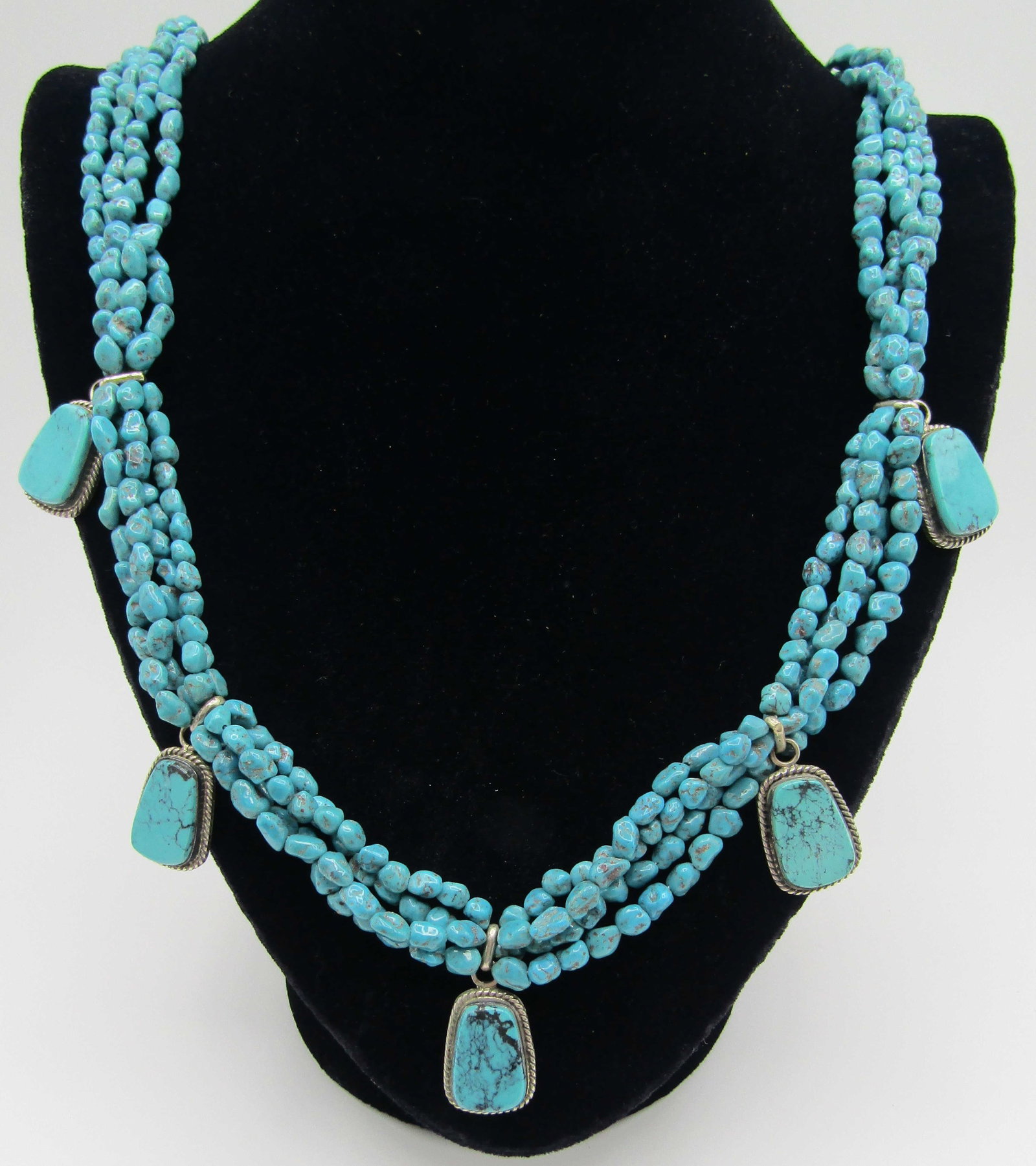 D. ASHLEY 30" TURQUOISE NECKLACE STERLING SILVER: WOW!! 4 STRAND TURQUOISE HEISHI AND NUGGET NECKLACE. ARTIST SIGNED "D. ASHLEY STERLING". VINTAGE ESTATE NATIVE AMERICAN SOUTHWEST NAVAJO INDIAN JEWELRY. MEASURES 30 INCHES LONG PLUS FIVE 1" TURQUOISE 