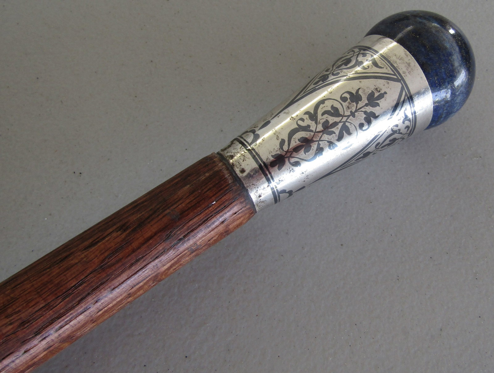 LAPIS LAZULI & STERLING SILVER CANE WALKING STICK: RUSSIAN HALLMARKED "M STAR 875"SILVER. 37 INCH LONG WITH A 1 3/4" LAPIS LAZULI STONE KNOB. ON A GRADUATED 7/8 INCH WOODSHAFT. WITH A 3 1/2" BY 1 3/4" HANDLE. EXCELLENT USED CONDITION. USA SHIPPING $5.