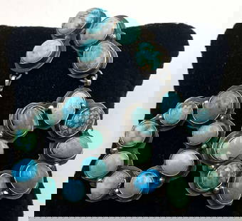 38 GRAM NAVAJO TURQUOISE STERLING CLUSTER EARRINGS: GORGEOUS TURQUOISE STONE SAMPLER FROM VARIOUS MINES, SONORAN GOLD, KINGMAN, ROYSTON, HACHITA, EMERALD VALLEY, AND MORE, GREAT ASSORTMENT OF MATRIX.. HANDMADE BY NATIVE AMERICAN NAVAJO ARTISAN