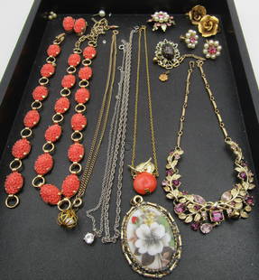 COSTUME JEWELRY LOT COLLECTION LISNER STERLING: VINTAGE ESTATE COLLECTION OF 3 PIECE CARVED CORAL STYLE BRACELET, NECKLACE & EARRING SET; & NECKLACES, PIN, LISNER EARRINGS, STERLING SIVER LINK CHAIN AND OTHERS. USA SHIPPING $5. NO