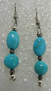 TURQUOISE STERLING SILVER BEAD EARRINGS: NATIVE AMERICAN SOUTHWEST NAVAJO INDIAN JEWELRY. MEASURE 2 INCHES LONG BY 8MM WIDE. WEIGH 4.4 GRAMS. EXCELLENT USED CONDITION. USA SHIPPING $5.