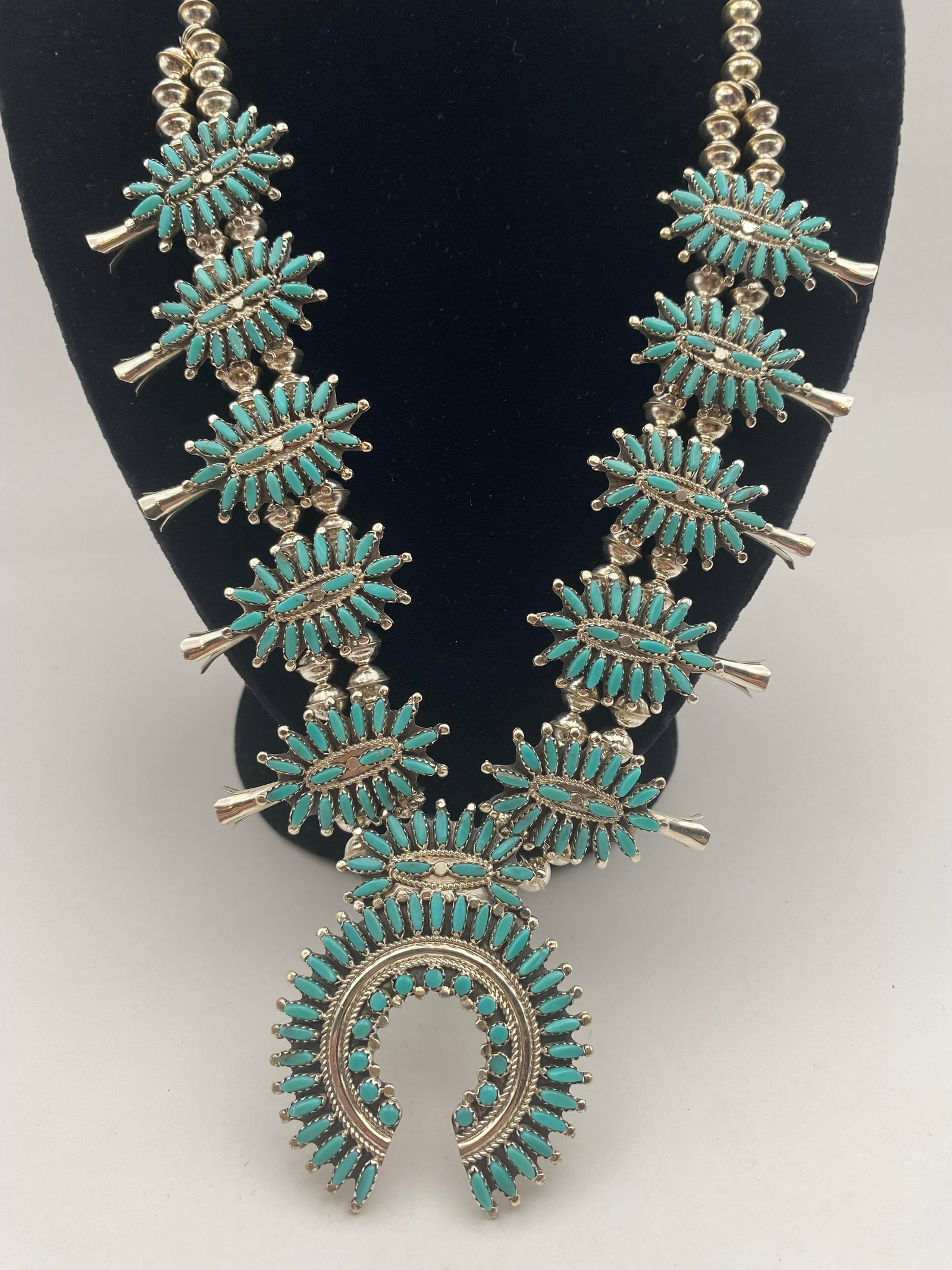 PETIT POINT ZUNI TURQUOISE STERLING SQUASH BLOSSOM (1 of 6)