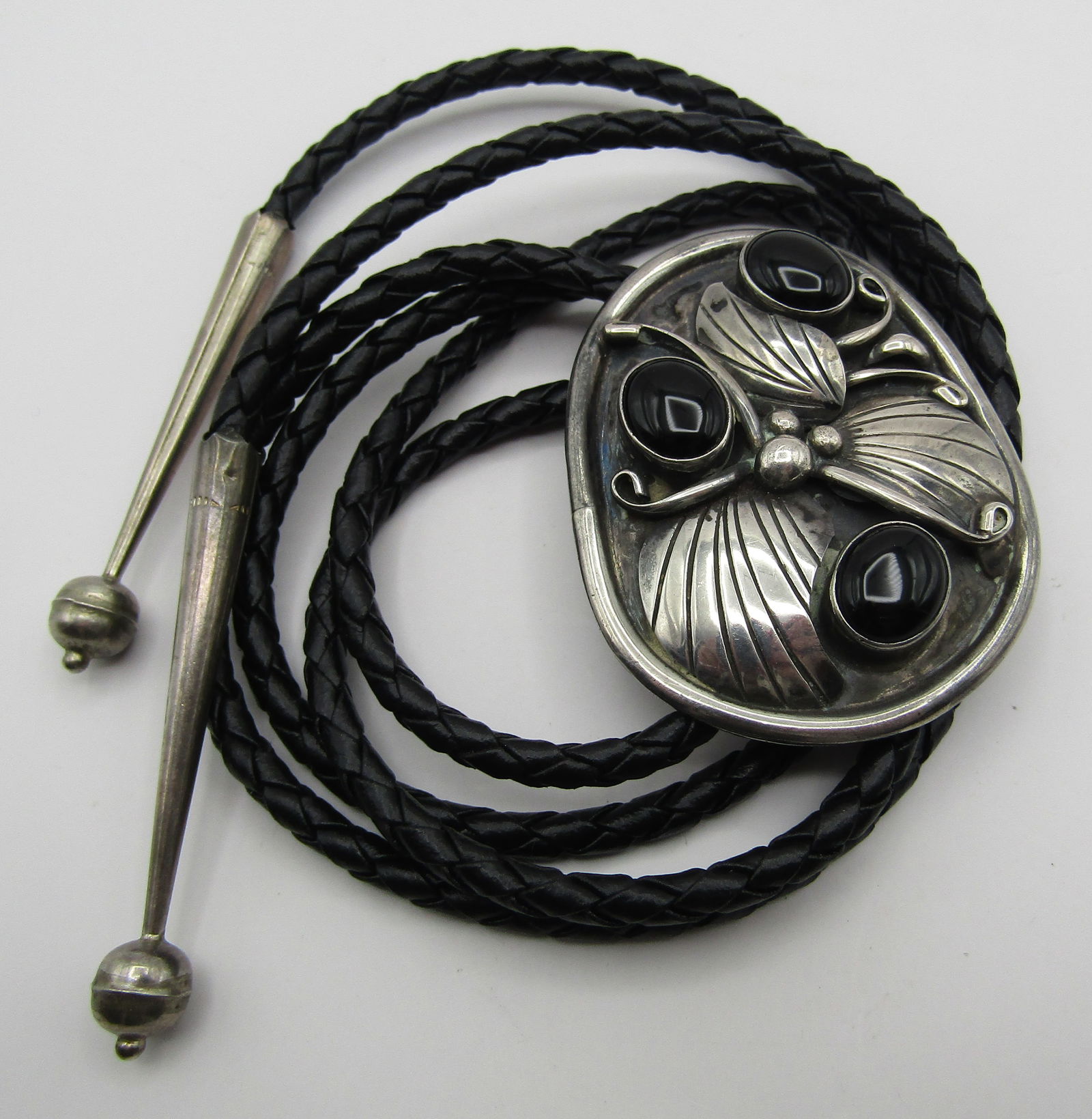 "GJ" ONYX BOLO TIE NECKLACE STERLING SILVER (1 of 4)