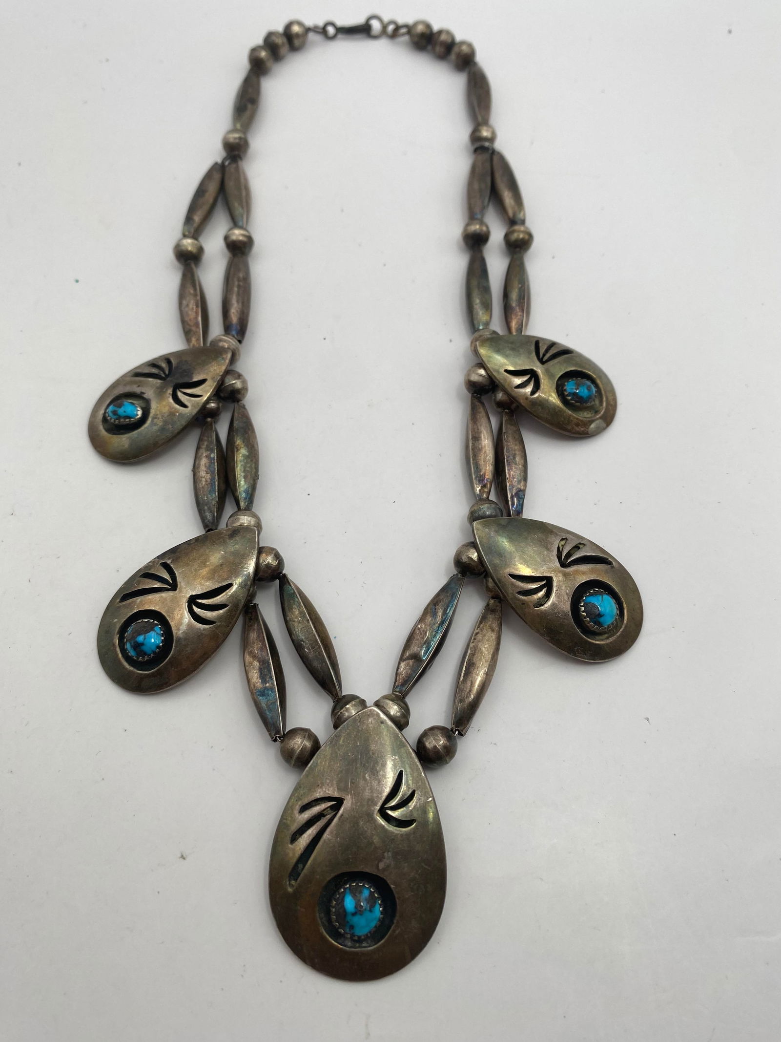 SIGNED STERLING TURQUOISE SQUASH BLOSSOM NECKLACE (1 of 4)