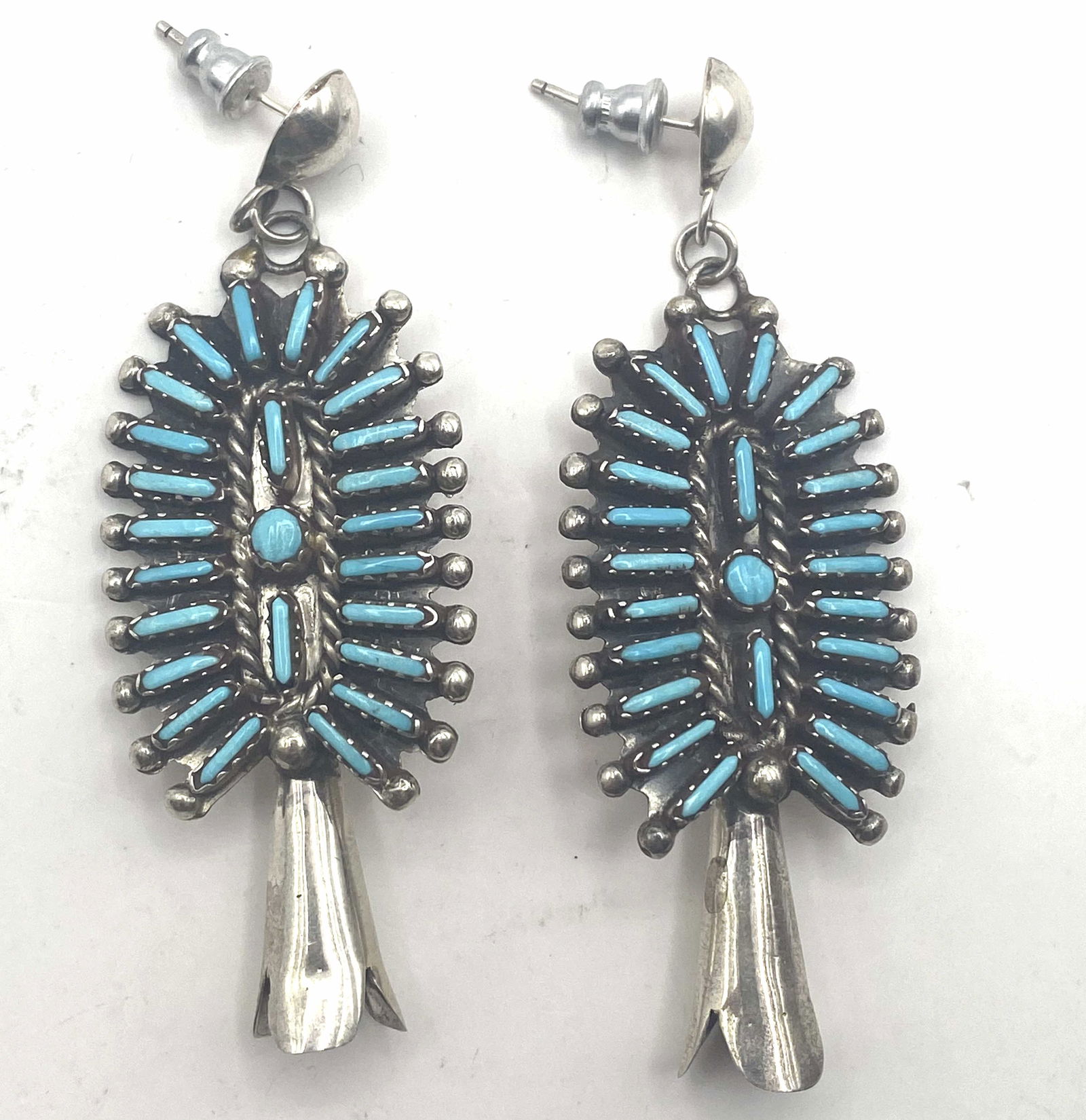 2.5" ZUNI PETIT POINT STERLING TURQUOISE EARRINGS (1 of 3)