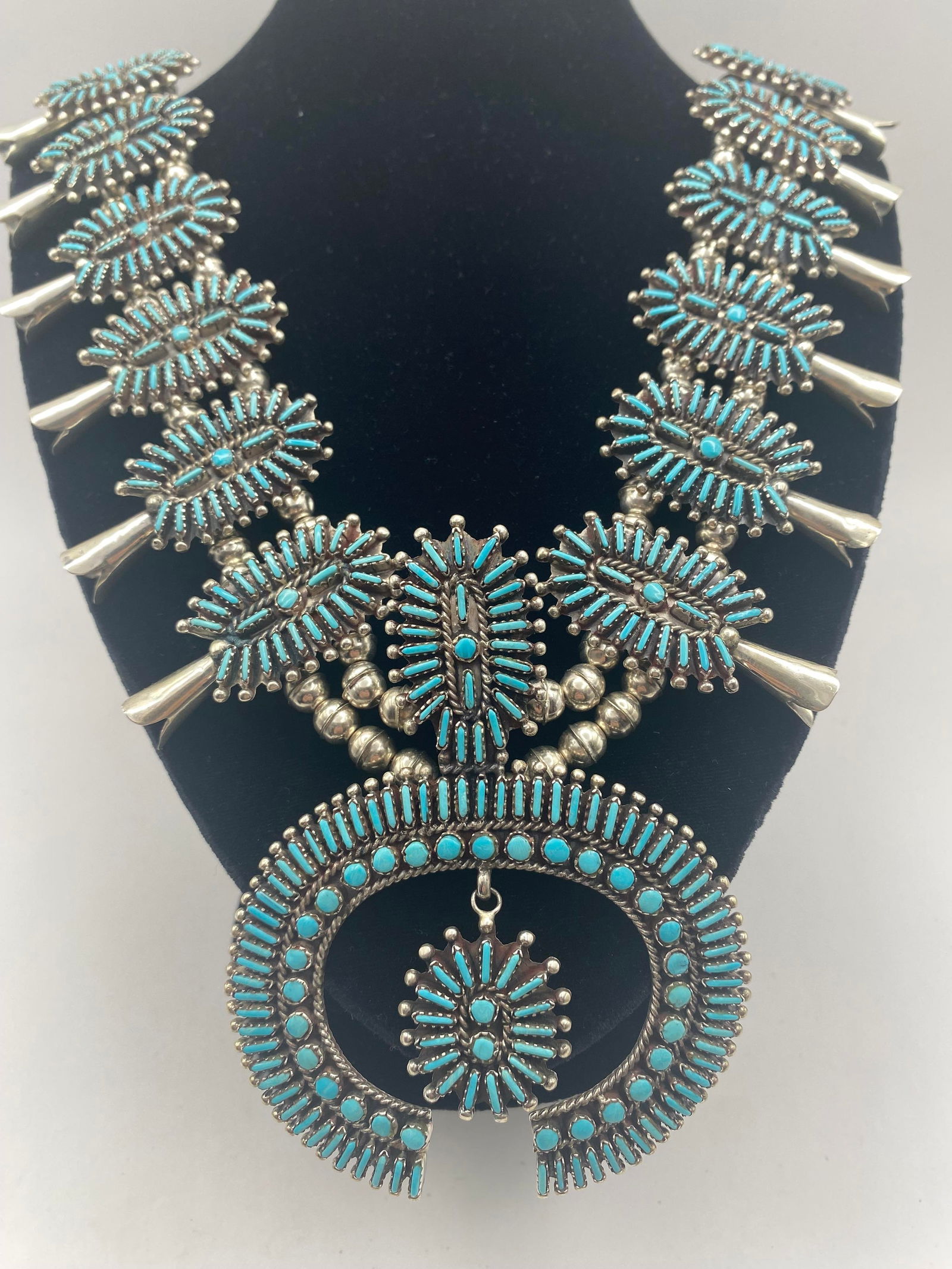 ZUNI STERLING TURQUOISE SQUASH BLOSSOM NECKLACE (1 of 6)