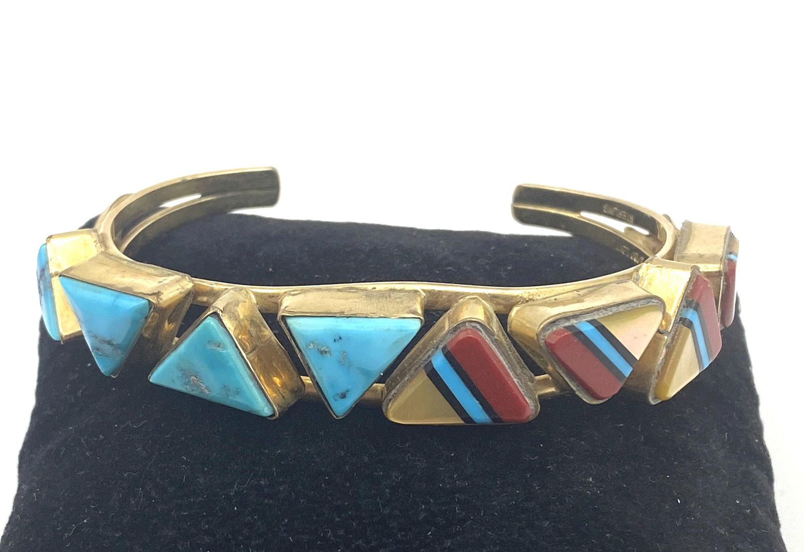 GOLD STERLING TURQUOISE ZUNI INLAID CORAL BRACELET (1 of 6)