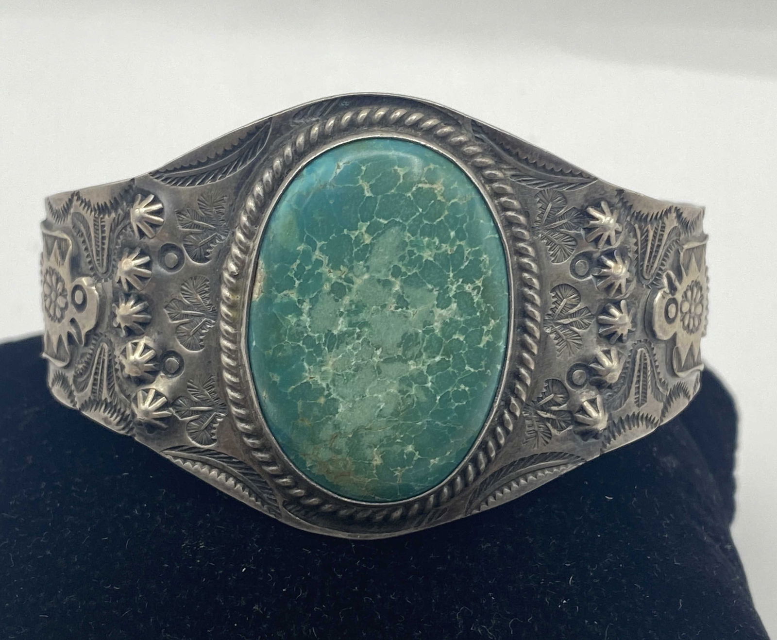 LARGE FRED HARVEY STERLING TURQUOISE BRACELET (1 of 5)