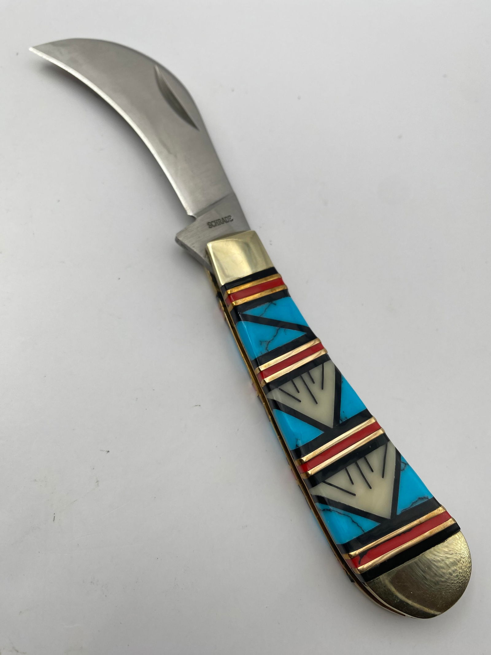 WOW 7" ZUNI INLAID HANDLE SCHRADE FOLDING KNIFE (1 of 5)