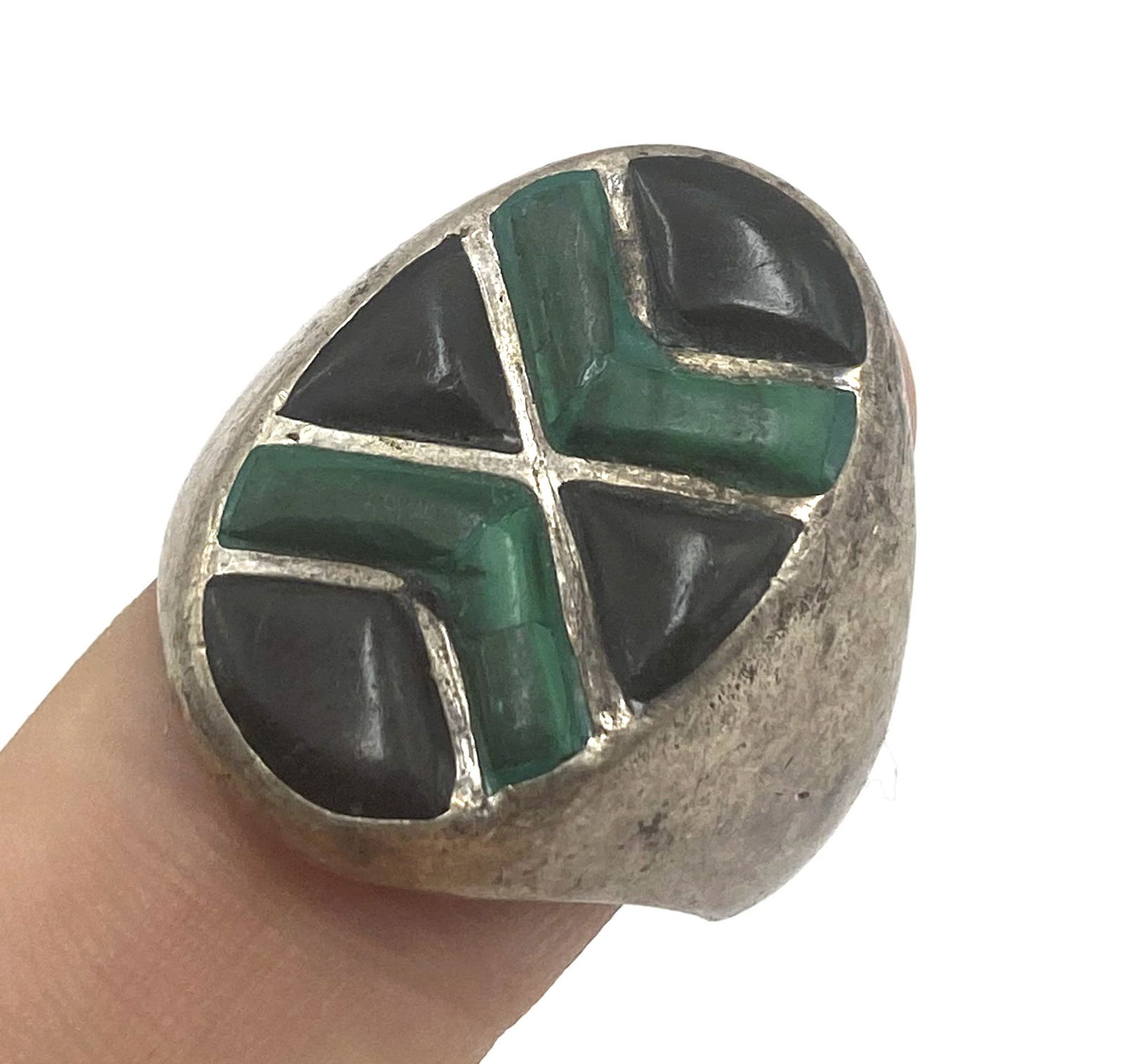 NATIVE AMERICAN STERLING MALACHITE ONYX RING SZ10 (1 of 4)