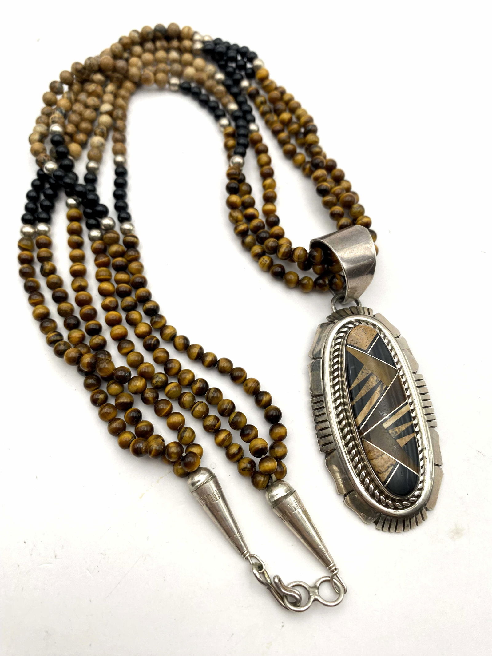 STERLING ZUNI TIGER EYE ONYX AGATE BEAD NECKLACE (1 of 5)