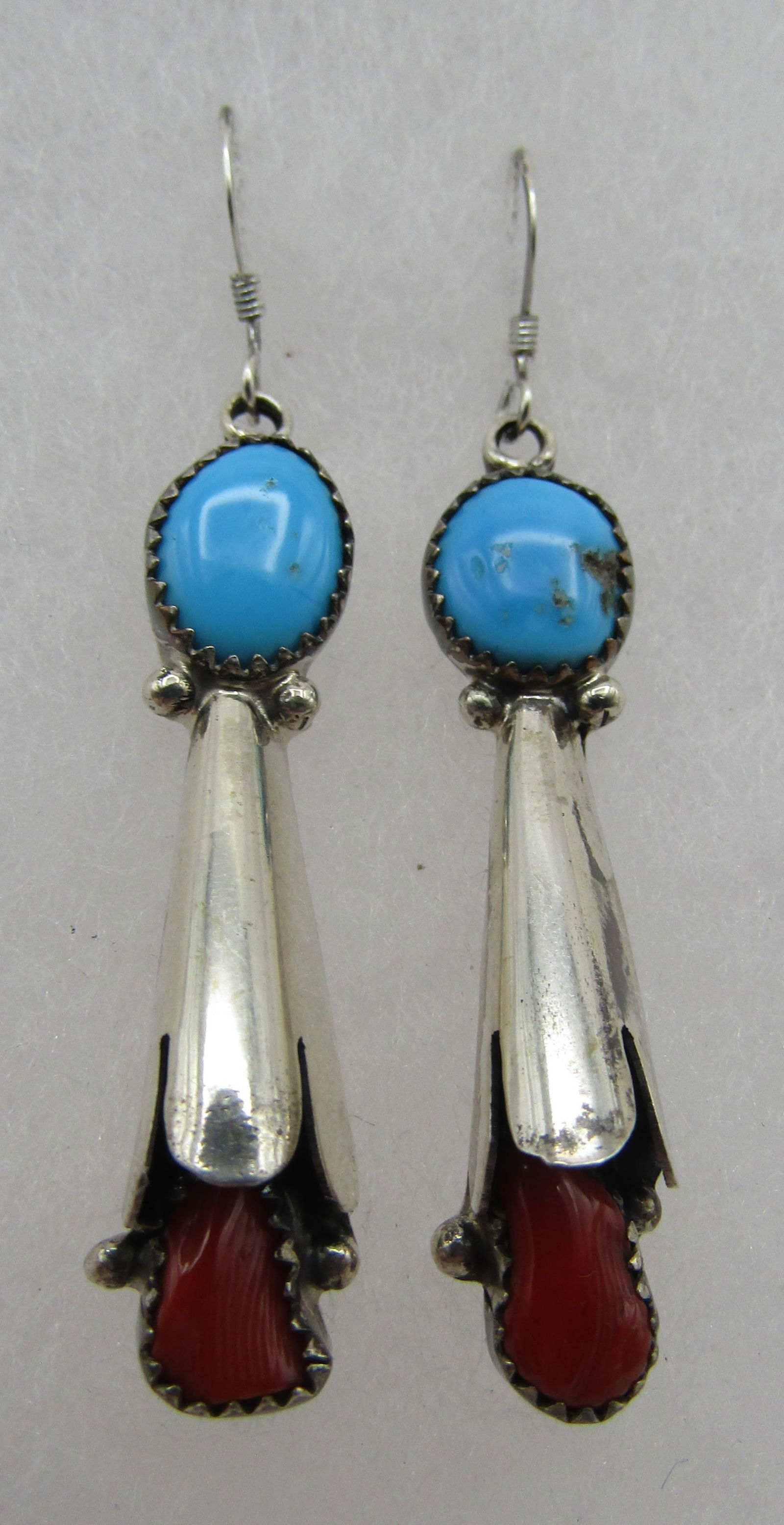 "RB" TURQUOISE & CORAL EARRINGS STERLING SILVER (1 of 4)