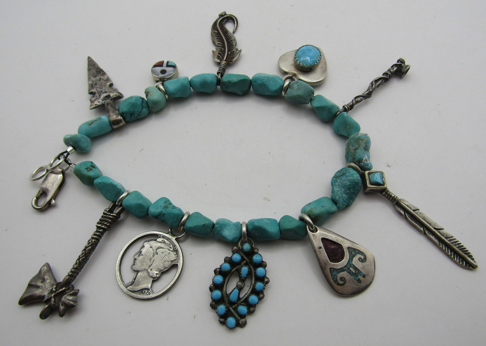 10 CHARM BRACELET TURQUOISE NUGGET STERLING SILVER (1 of 5)