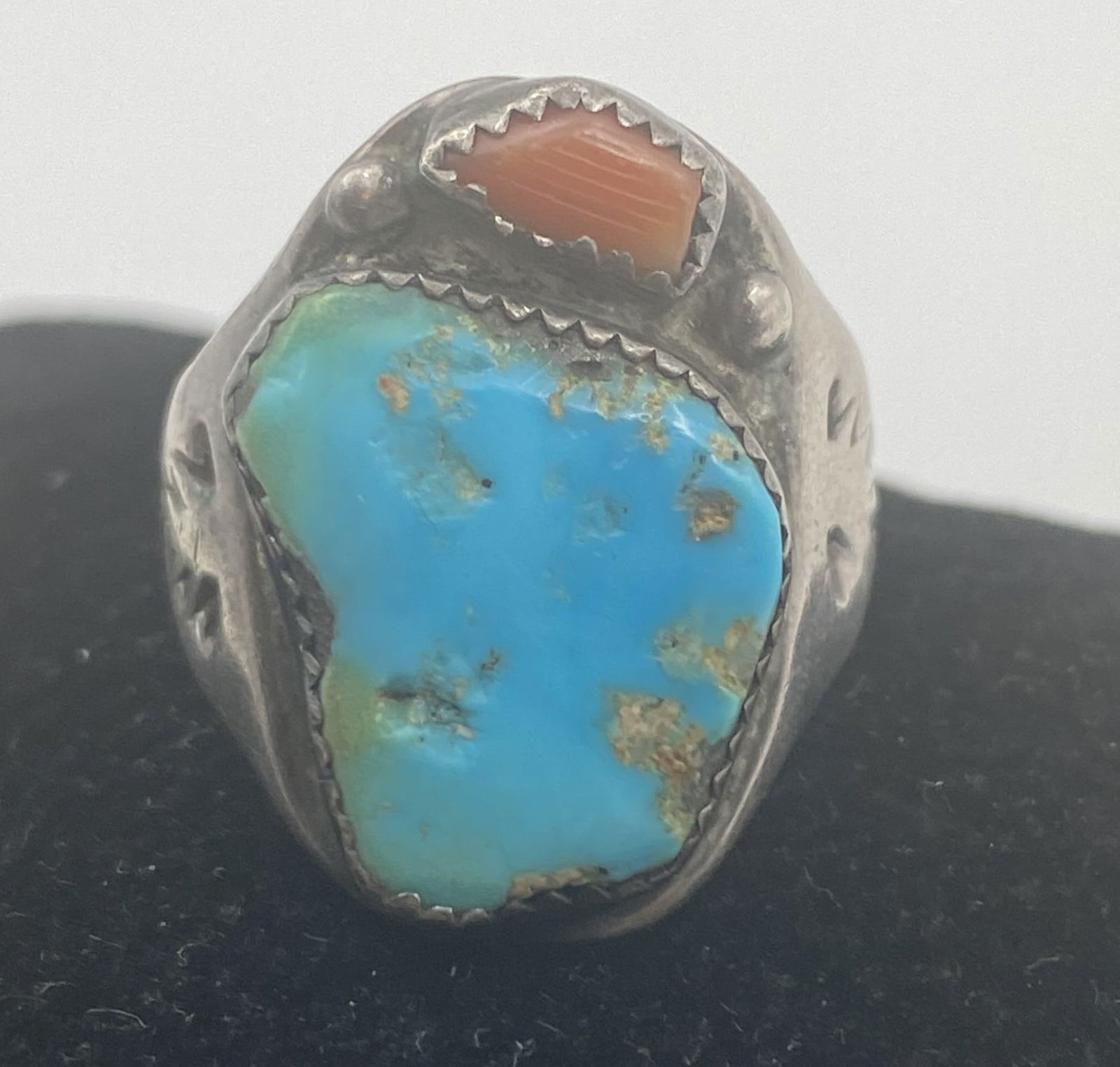 SIGNED LL NAVAJO STERLING TURQUOISE RING RED CORAL (1 of 4)