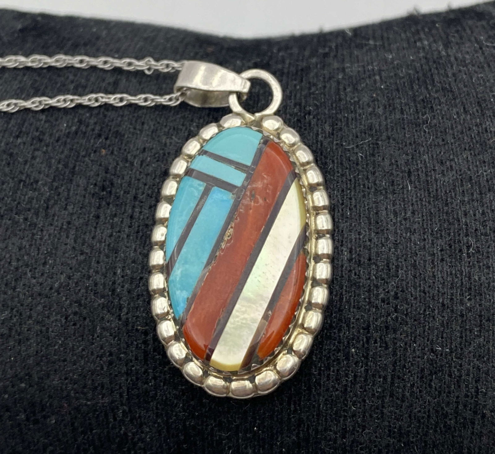 "WJH" STERLING ZUNI TURQUOISE RED CORAL NECKLACE (1 of 4)