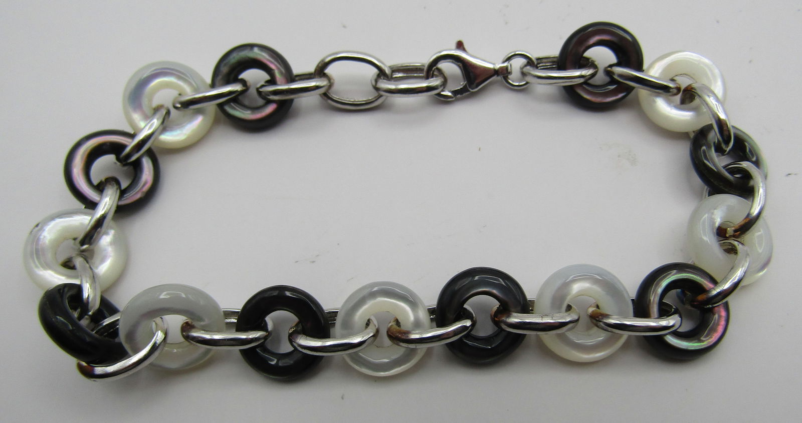 BLACK & WHITE MOP LINK BRACELET STERLING SILVER (1 of 3)