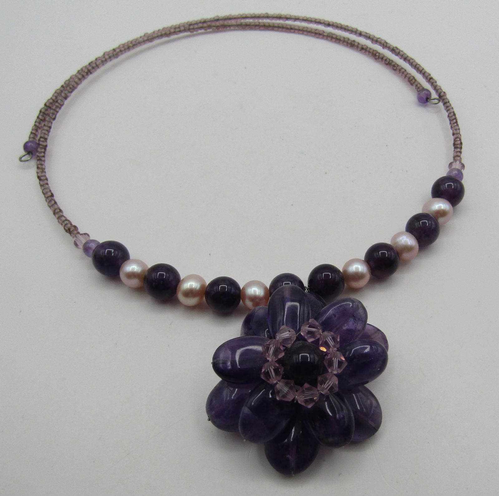 21" AMETHYST FLOWER 7MM PEARL BEAD COLLAR NECKLACE (1 of 4)