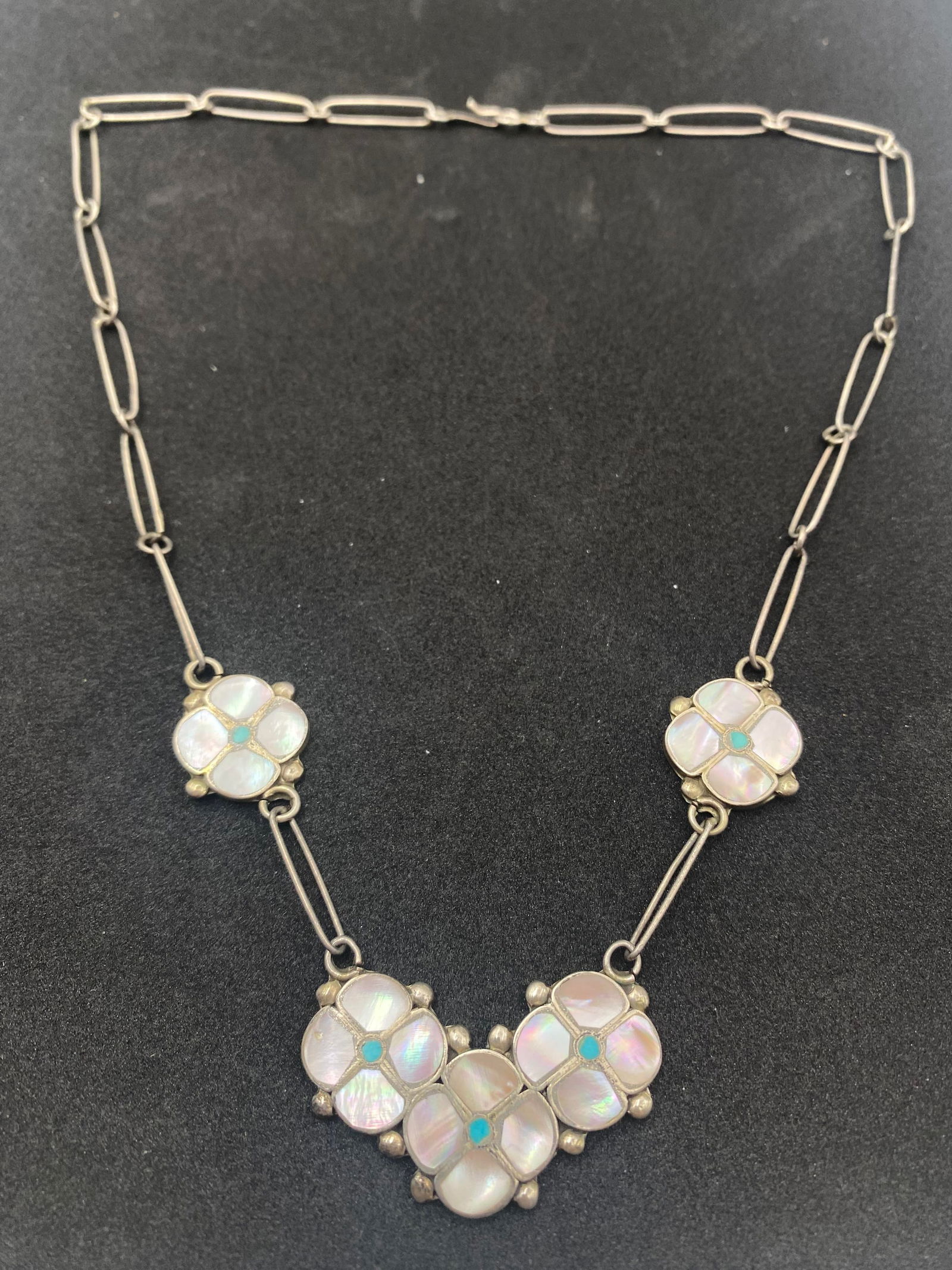 STERLING ZUNI TURQUOISE SHELL FLOWER NECKLACE (1 of 3)