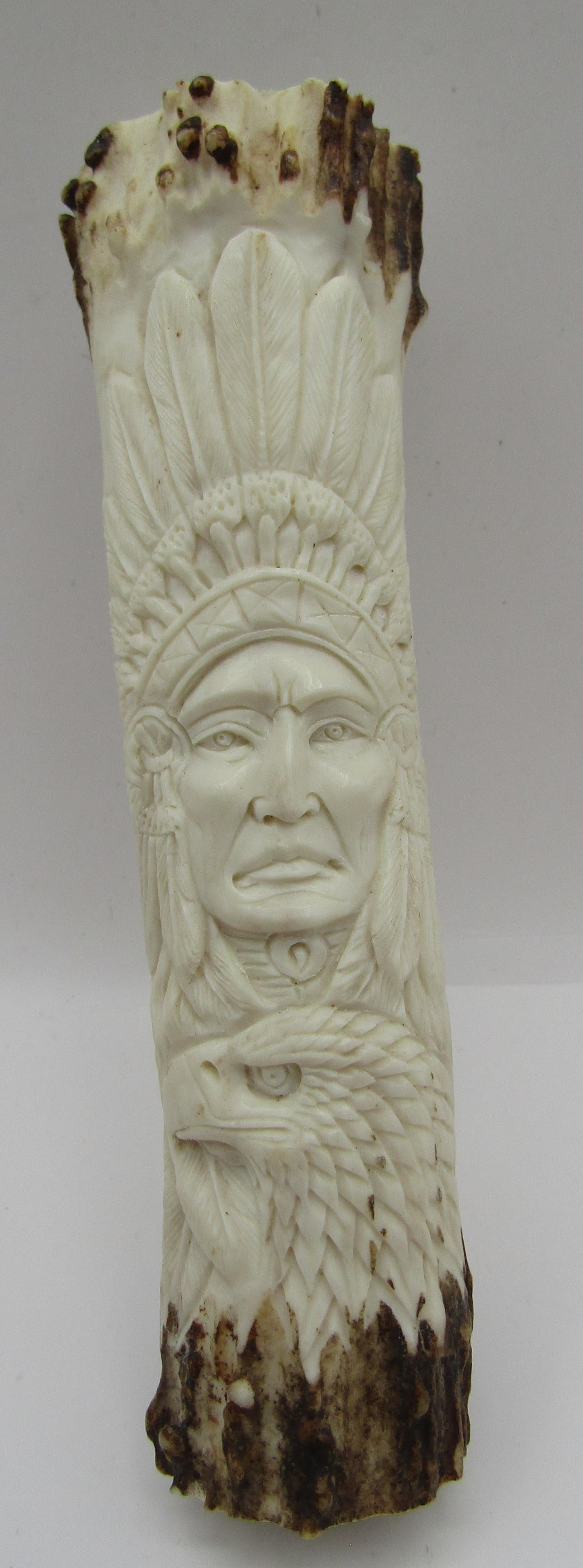 CARVED STAG HORN INDIAN, WOLF, EAGLE (1 of 2)