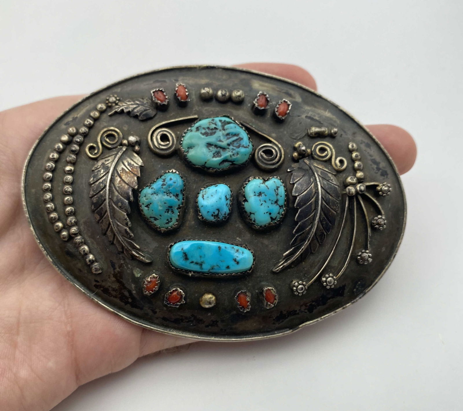 92g 4" NAVAJO STERLING TURQUOISE CORAL BELT BUCKLE (1 of 5)
