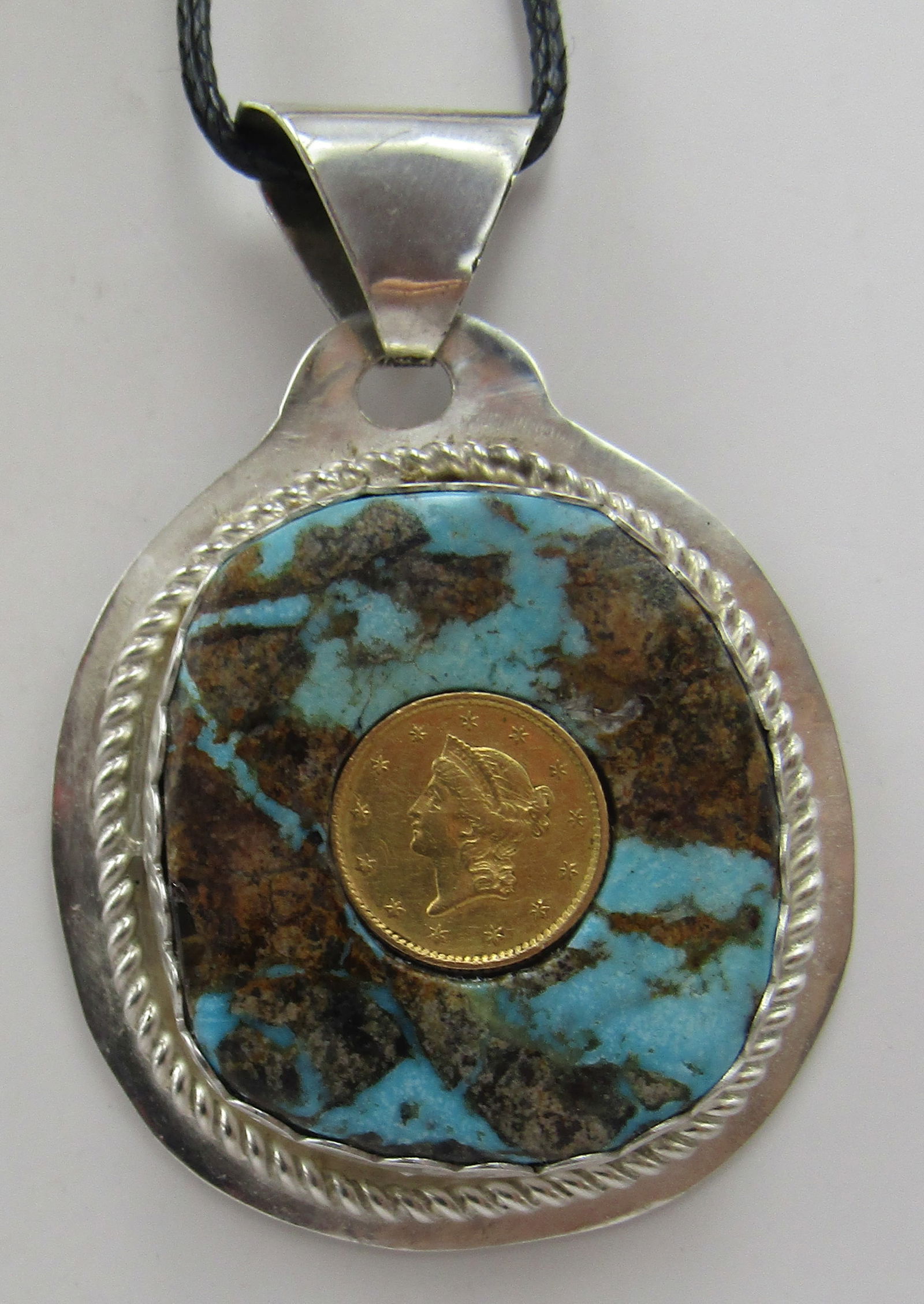 1 DOLLAR GOLD COIN TURQUOISE STERLING PENDANT (1 of 2)