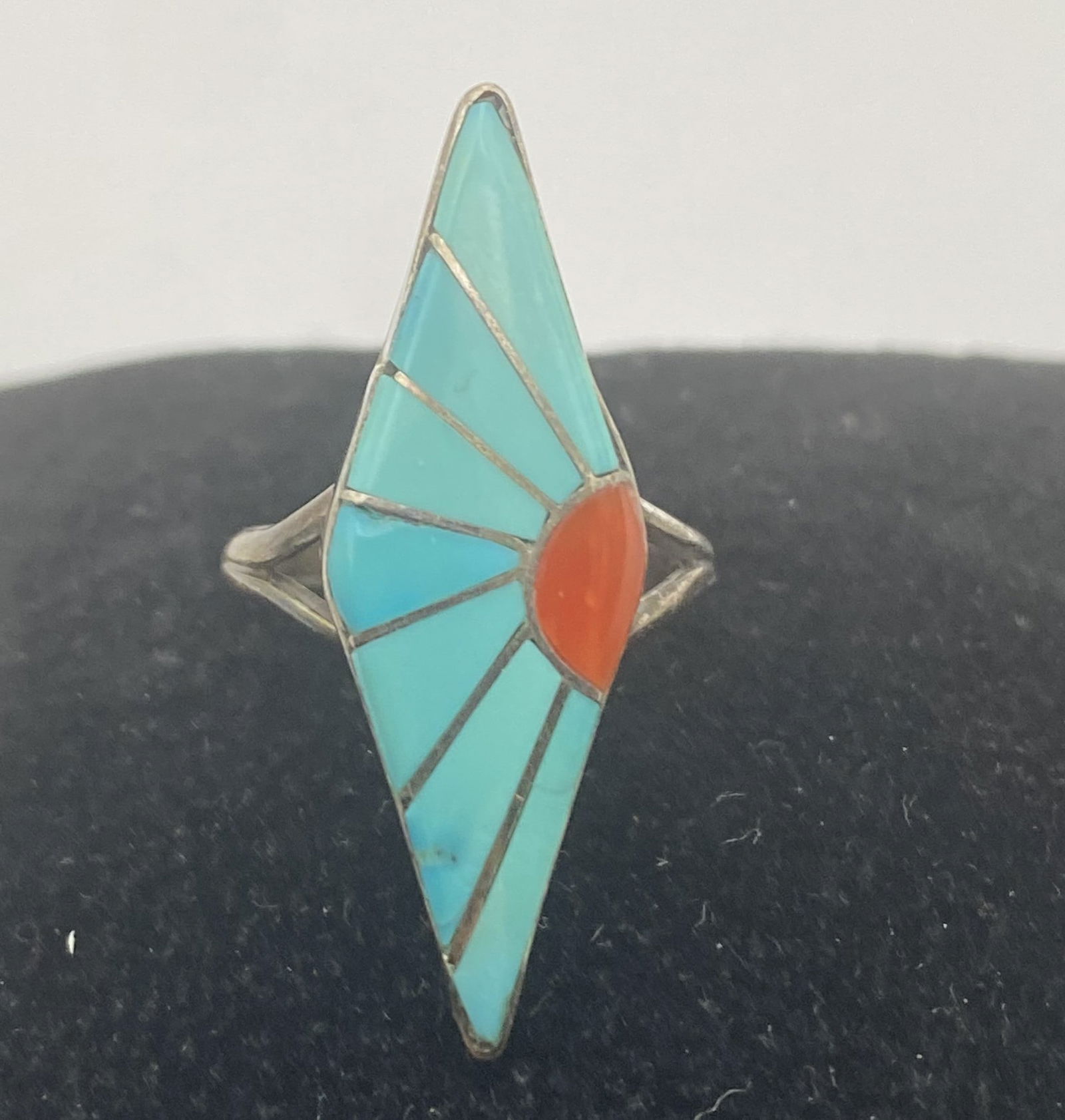 1" ZUNI INLAID TURQUOISE RED CORAL STERLING RING (1 of 3)