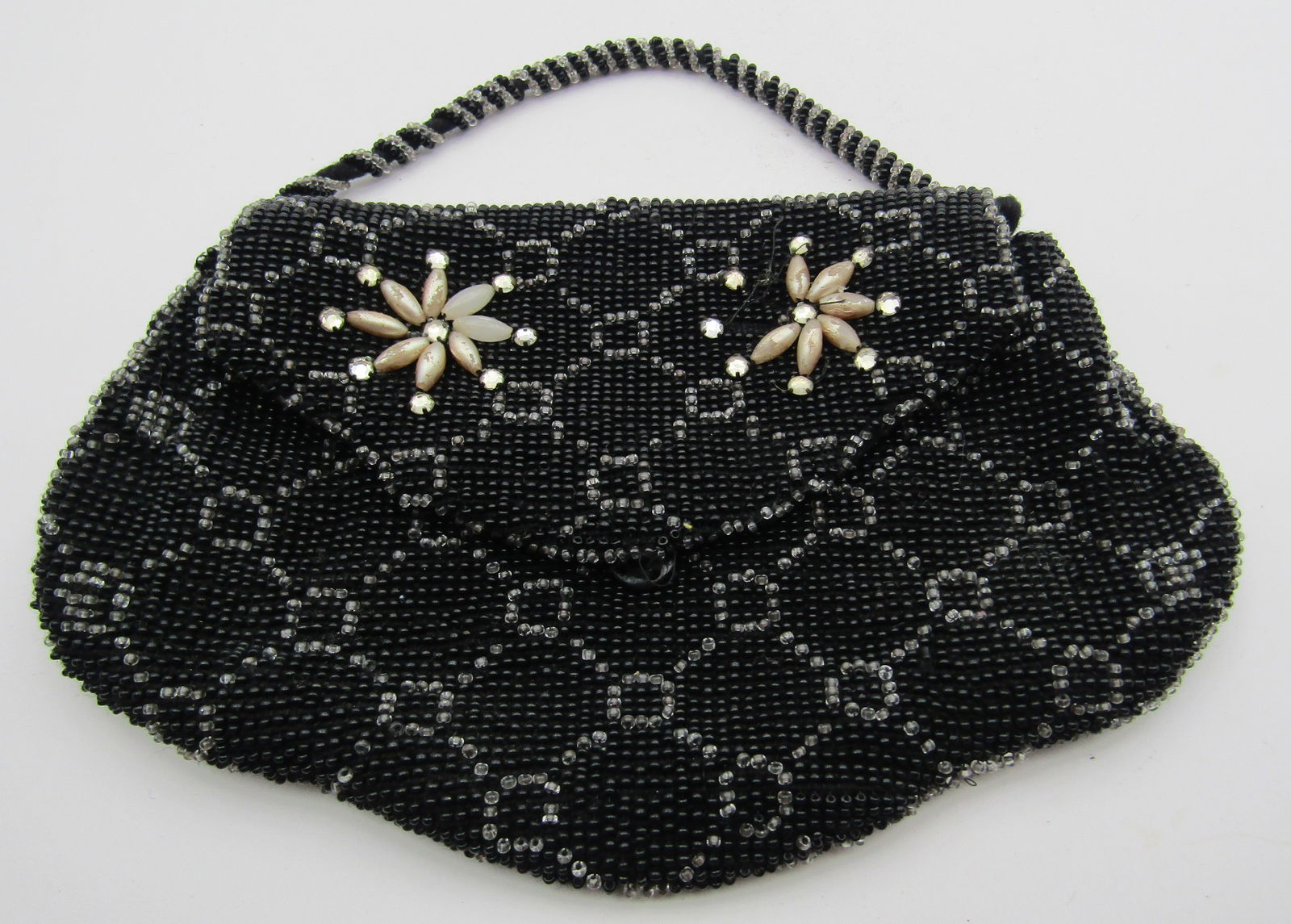 ANTIQUE BLACK & CLEAR BEADED EVENING CLUTCH BAG (1 of 2)