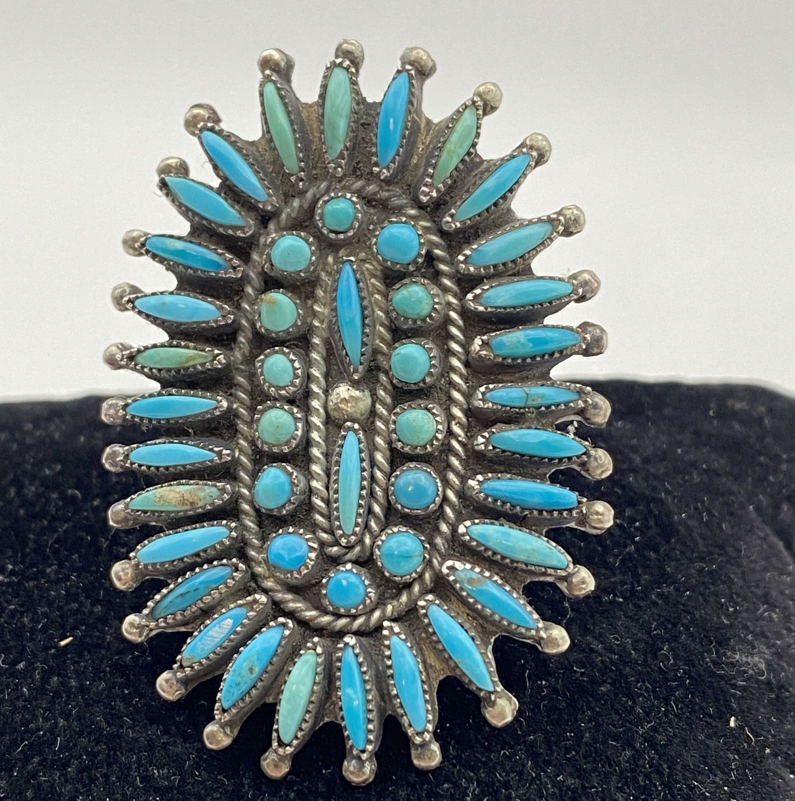 2" VMB NAVAJO STERLING TURQUOISE CLUSTER RING VTG (1 of 5)