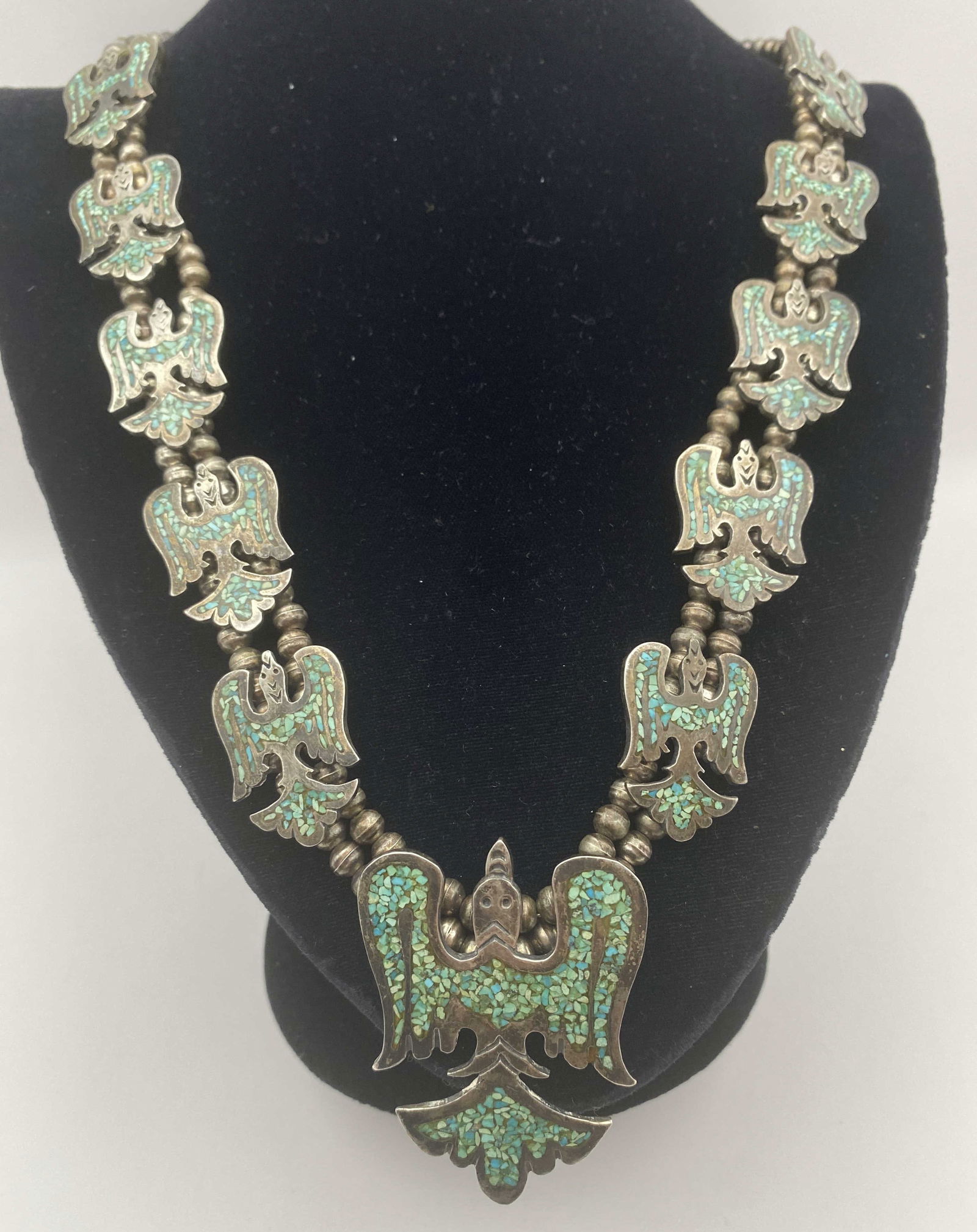 STERLING NAVAJO TURQUOISE SQUASH BLOSSOM NECKLACE (1 of 6)