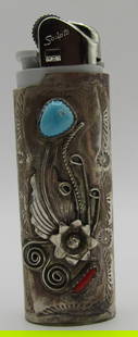 J MARTIN TURQUOISE CORAL LIGHTER STERLING SILVER: VINTAGE ESTATE TURQUOISE & MEDITERRANEAN RED CORAL LIGHTER. HANDMADE ARTIST HALLMARKED "JM STERLING" JAMES MARTIN. NATIVE AMERICAN SOUTHWEST NAVAJO INDIAN JEWELRY. MEASURES 2 3/4" TALL. WEIGHS 13.0 GR