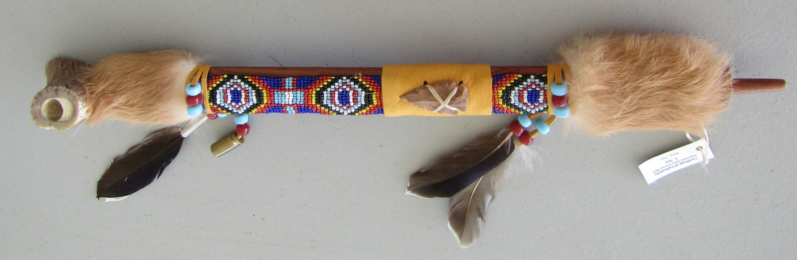 E NEZ NAVAJO BEADWORK BONE PIPE WOOD LEATHER ARROW: CEREMONIAL PEACE PIPE GENUINE NATIVE AMERICAN SOUTHWEST NAVAJO INDIAN CRAFTED WITH CERTIFICATE OF AUTHENTICITY "E. NEZ NAVAJO" HANDMADE" STONE ARROW, BUCK SKIN LEATHER, FUR, FEATHER, BULLET CASING, BE