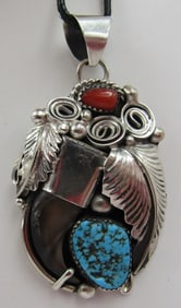 MIKE THOMAS BEAR CLAW TURQUOISE CORAL PENDANT