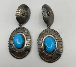 2" VINTAGE STERLING HOPI TURQUOISE EARRING