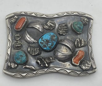 1980s STERLING NAVAJO TURQUOISE BELT BUCKLE CORAL
