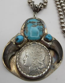 TURQUOISE BEAR CLAW & SILVER DOLLAR NECKLACE