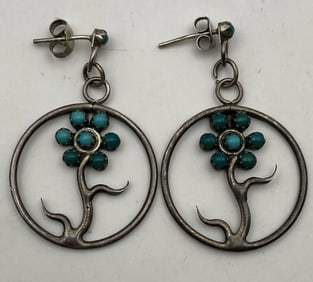 ZUNI AV HUSTITO STERLING TURQUOISE FLOWER EARRINGS