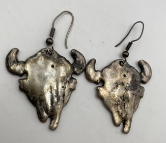 1989 ROGER MILLER STERLING BUFFALO SKULL EARRINGS