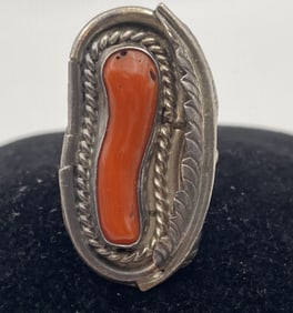 NAVAJO RED CORAL STERLING ELONGATED RING