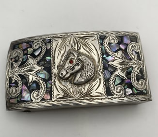 STERLING SHELL ABALONE HORSE BELT BUCKLE